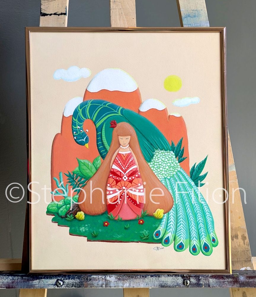 Gouache avec cadre "Héra et son paon" par Stéphanie Filion