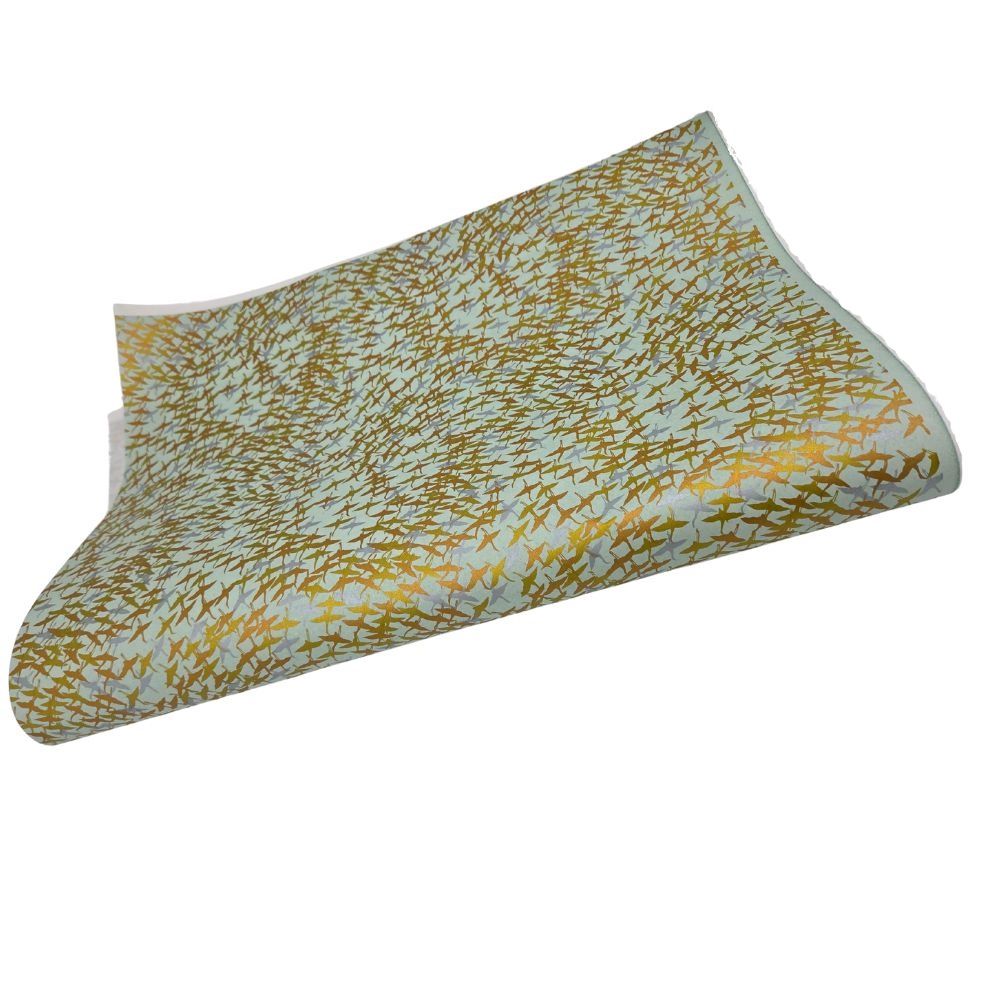 Papier Chiyogami 927C - Oiseaux métalliques sur un fond turquoise