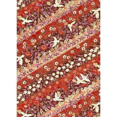 Papier Chiyogami 446C 19 1/2"x26"-  Bandes florales rouges et roses avec des oiseaux