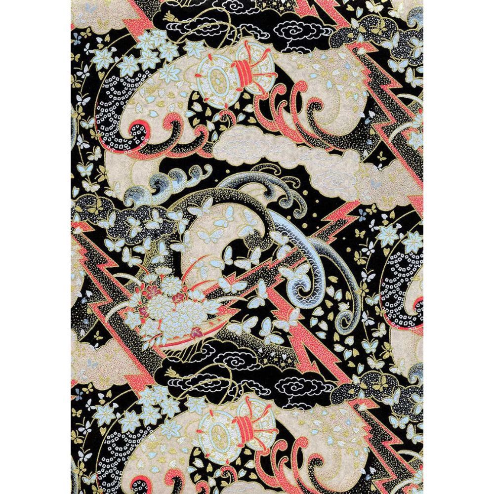 Papier Chiyogami 659C 19 1/2"x26"- Motif traditionnel sur fond noir avec des papillons