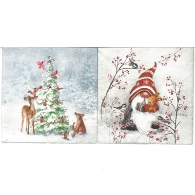 Serviettes de table cocktail - Sapin, Gnome et animaux (total de 10)