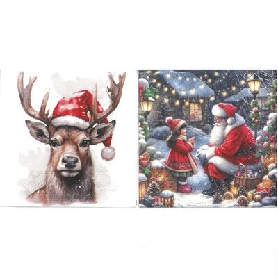 Serviettes de table cocktail - Chevreuil et Jeune fille avec père Noël (total de 10)