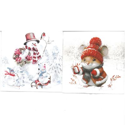 Serviettes de table cocktail - Bonhommes de neige sportifs et Souris (total de 10)