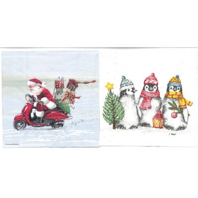 Serviettes de table - Père Noël en scooter et Pingouins