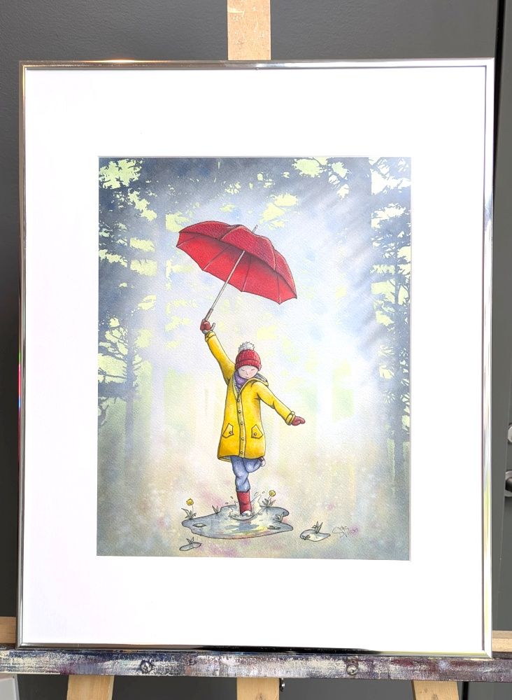 Aquarelle avec cadre "L'enfant au parapluie" par Stéphanie Filion