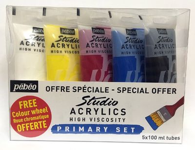 Acrylic Studio Primary colour set 5 x 100ml + Colour WheelPébéo Acrylic Studio Primary colour set 5 x 100ml + Colour WheelPébéo