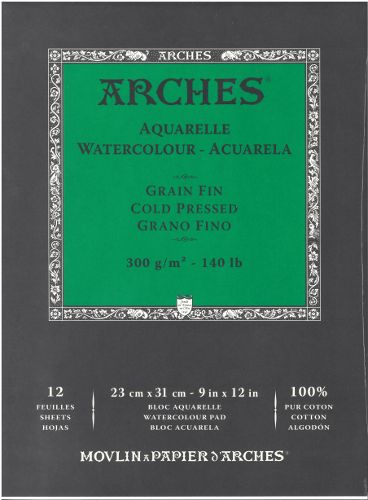 Watercolour Cold Pressed Paper Pad 9" x 12" - 140lb / 300gsm Natural White Arches®