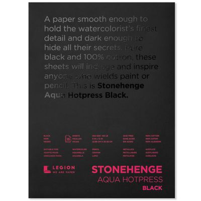 Watercolour Black Paper 100% cotton 140lbs Hotpress 9"X12" Stonehenge (15 sheets)
