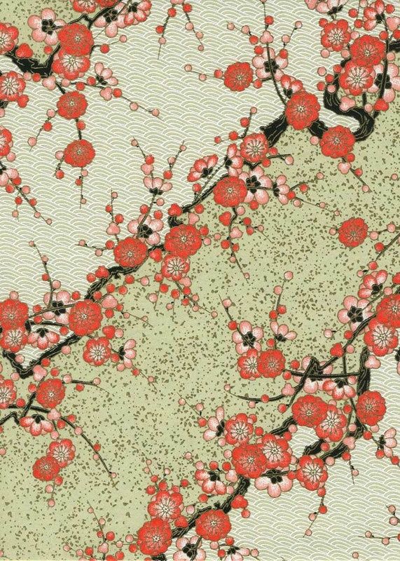 Chiyogami paper 966C 19 1/2"x26"- Ivory strips and pink cherry blossom