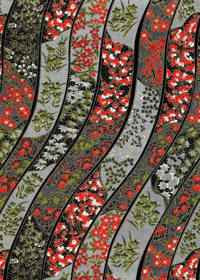 Chiyogami paper 644C 19 1/2"x26"- Leaves and red flower strips