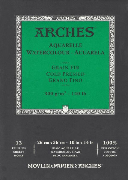Watercolour Cold Pressed Paper Pad 10 Watercolour Cold Pressed Paper Pad 10" x 14" - 140lb / 300gsm Natural White Arches®