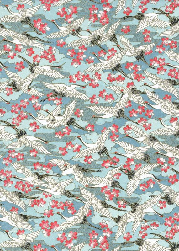 Papier Chiyogami 1024C 19 1/2"x26"- Grues blanches sur fond bleu turquoise et fleurs roses