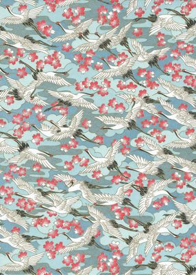 Chiyogami paper 1024C 19 1/2 Chiyogami paper 1024C 19 1/2"x26"- White cranes on blue turquoise background and rose flowers