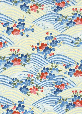 Chiyogami paper 1009C 19 1/2 Chiyogami paper 1009C 19 1/2"x26"- Blue & Red flowers on blue & cream waves