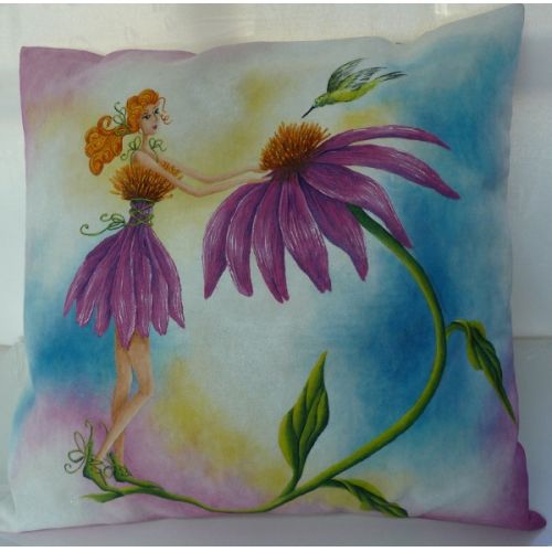 Cache Coussin L'échinacée la mignonne et le colibri