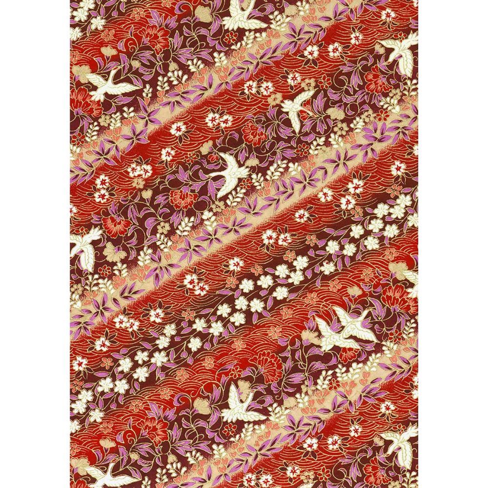 Papier Chiyogami 446C - Bandes florales rouges et roses avec des oiseaux Papier Chiyogami 446C - Bandes florales rouges et roses avec des oiseaux