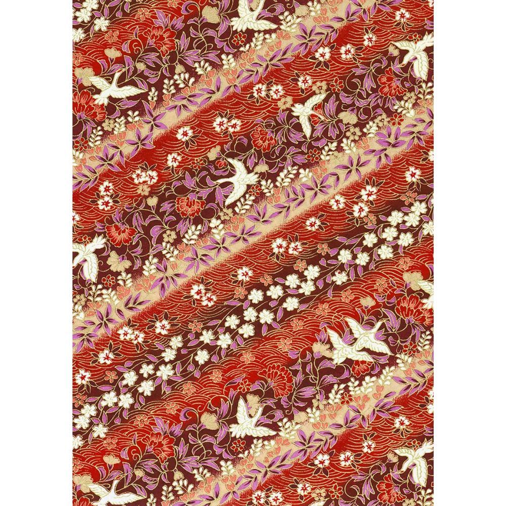 Chiyogami paper 1004C 19 1/2"x26" - Red and pink floral bands with birds