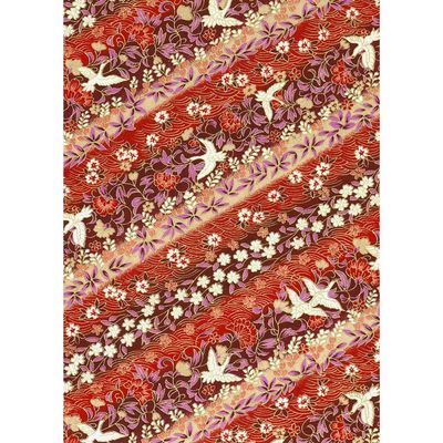 Chiyogami paper 1004C 19 1/2"x26" - Red and pink floral bands with birds
