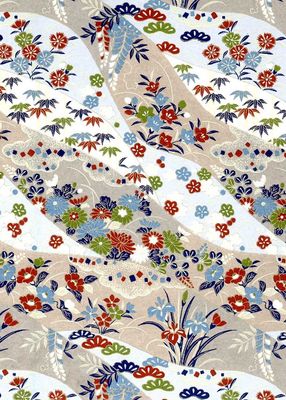 Chiyogami paper 52C 9 Chiyogami paper 52C 9"x12" - Floral and botanical pattern with blue, red and green flowers on pale blue, white and beige bands