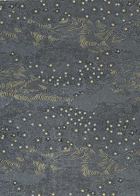 Papier Chiyogami 93C 9"x12" - Fond gris avec fleurs blanches et grises foncées avec points et vagues or
