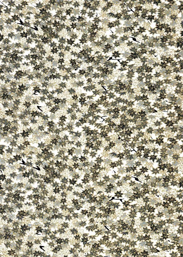Papier Chiyogami 348C 9 Papier Chiyogami 348C 9"x12" - Motifs botaniques avec des feuilles en forme d'étoiles en gris, noir et doré sur fond blanc