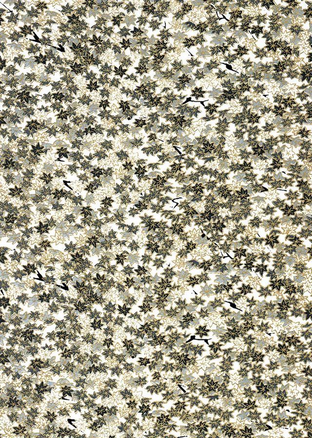 Chiyogami paper 348C 9"x12" - Botanical motifs with star-shaped leaves in grey, black and gold on a white background