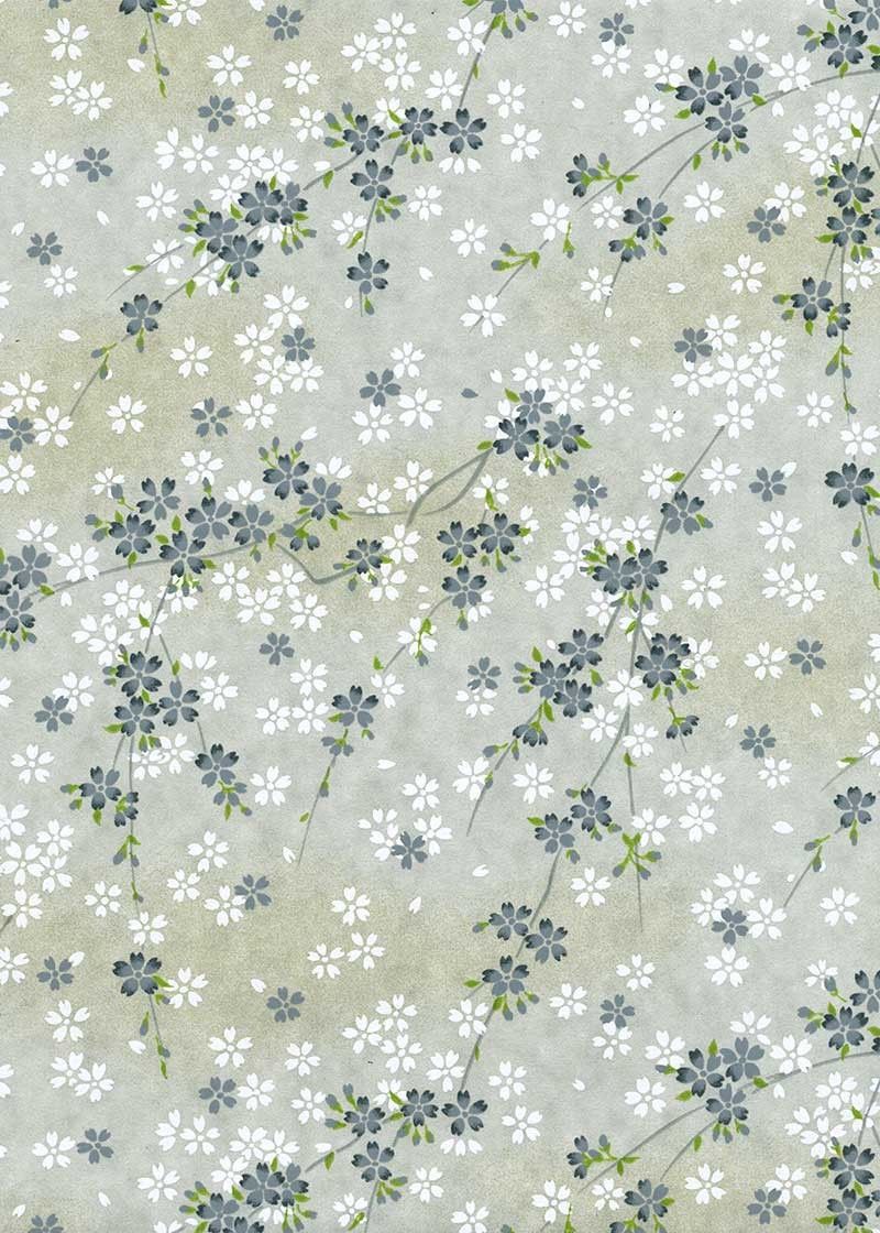 Papier Chiyogami 812C 9 Papier Chiyogami 812C 9"x12" - Motifs floraux avec fleurs blanches et grises avec feuillage vert sur fond blanc et ivoire