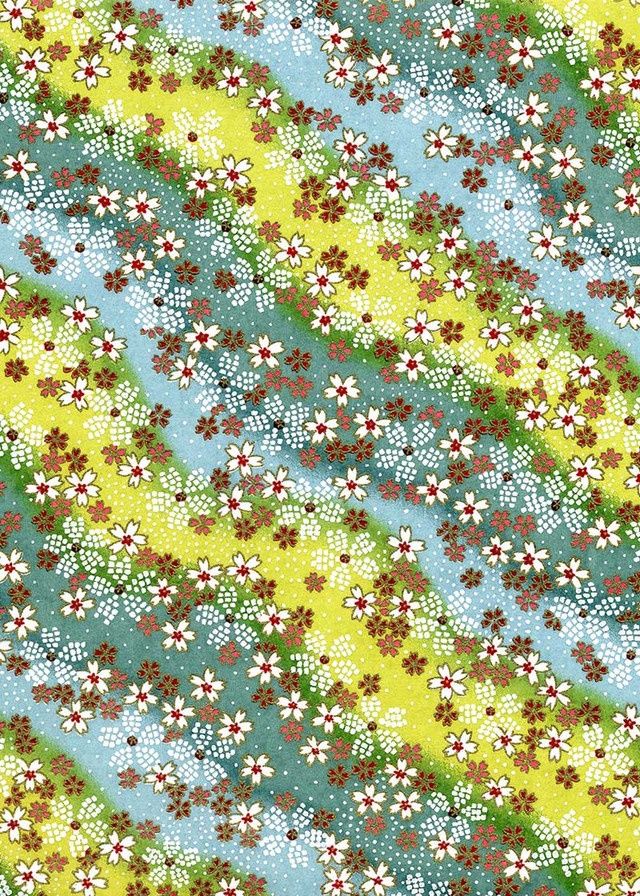Papier Chiyogami 682C 9 Papier Chiyogami 682C 9"x12" - Motifs floraux avec fleurs oranges, blanches et rouges sur bandes diagonales jaunes , bleues et vertes