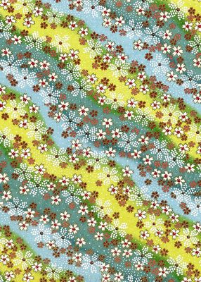 Chiyogami Paper 682C 9 Chiyogami Paper 682C 9"x12" - Floral patterns with orange, white and red flowers on yellow, blue and green diagonal stripes