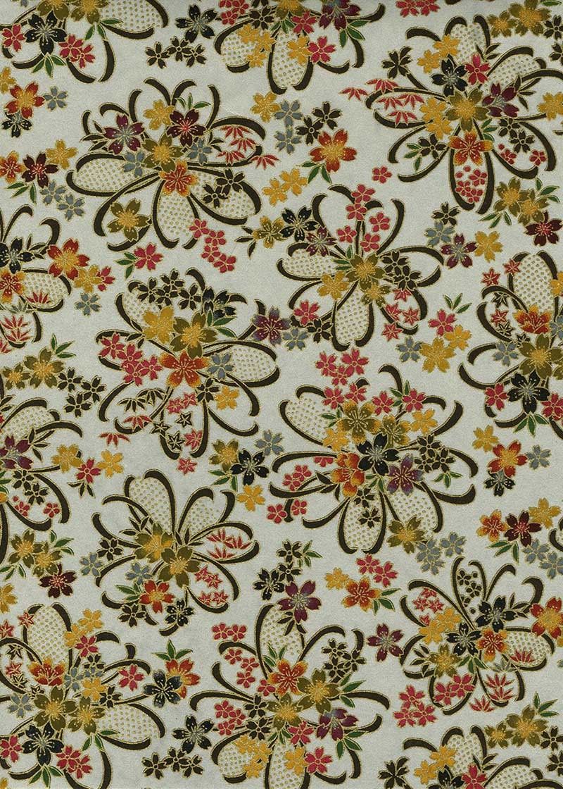 Papier Chiyogami 757C 9 Papier Chiyogami 757C 9"x12" - Motifs botaniques et contemporain avec feuillage orangé, blanc, vert, brun sur fond gris