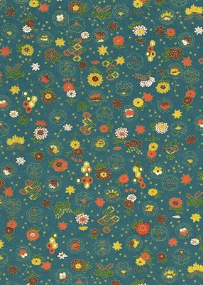 Chiyogami paper 640C 9 Chiyogami paper 640C 9"x12" - Traditional patterns with orange, white and red flowers, green foliage, fans, and diamonds on a blue background