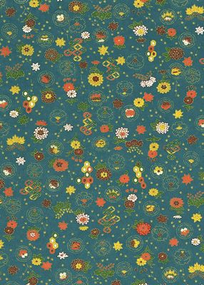 Papier Chiyogami 640C 9"x12" - Motifs traditionnaux avec fleurs oranges, blanches et rouge, feuillage vert, éventails, losanges sur fond bleu