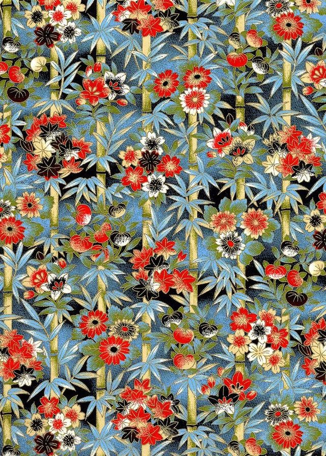 Papier Chiyogami 607C 9 Papier Chiyogami 607C 9"x12" - Motifs floraux et botaniques avec fleurs rouges,blanches et noir Tiges de bambou et feuillage bleu