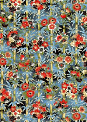 Chiyogami paper 607C 9 Chiyogami paper 607C 9"x12" - Floral and botanical designs with red, white, and black flowers, bamboo stems, and blue foliage