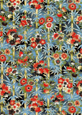 Papier Chiyogami 607C 9"x12" - Motifs floraux et botaniques avec fleurs rouges,blanches et noir Tiges de bambou et feuillage bleu