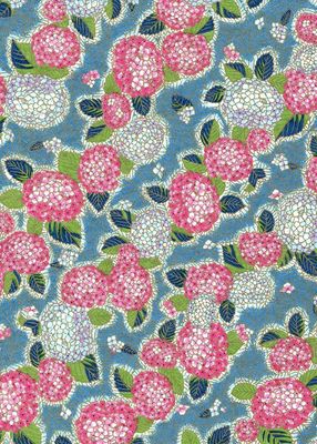 Chiyogami paper 988C 9 Chiyogami paper 988C 9"x12" - Floral pattern with large pink flowers and large and small white flowers with green and blue foliage on a blue background