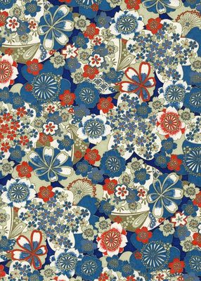 Chiyogami paper 943C 9 Chiyogami paper 943C 9"x12" - Floral pattern with small and large orange, white and blue flowers on a blue and beige background