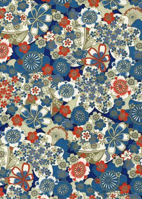 Papier Chiyogami 943C 9 Papier Chiyogami 943C 9"x12" - Motif floraux avec petites et grandes fleurs orangées, blanches et bleues sur fond bleu, blanc et beige. Accent de Or