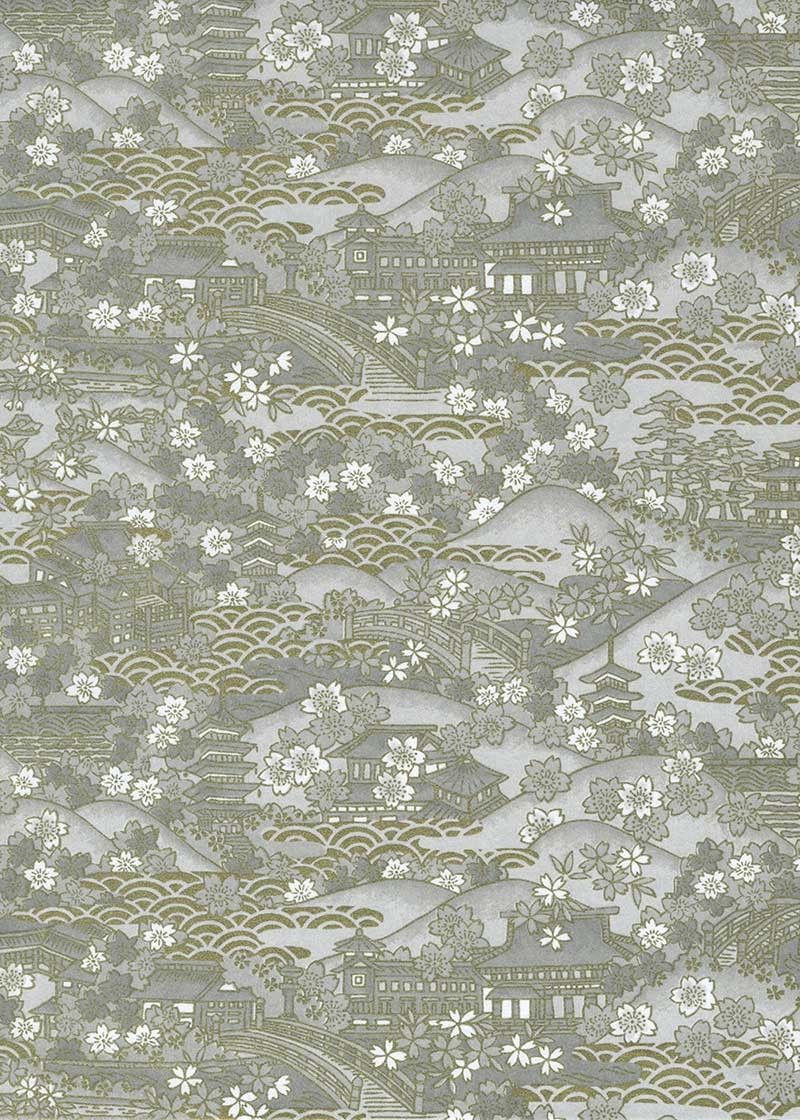 Papier Chiyogami 1007C 9 Papier Chiyogami 1007C 9"x12" - Motifs traditionnaux avec village japonais et fleurs blanches sur fond gris et or