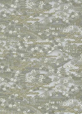 Chiyogami paper 1007C 9 Chiyogami paper 1007C 9"x12" - Traditional patterns with Japanese village and white flower designs on a gray and gold background