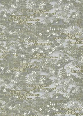 Papier Chiyogami 1007C 9"x12" - Motifs traditionnaux avec village japonais et fleurs blanches sur fond gris et or