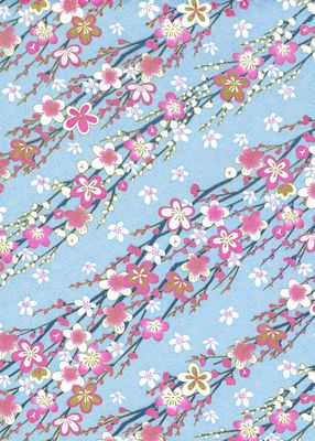 Chiyogami Paper 1043C 9 Chiyogami Paper 1043C 9"x12" - Floral pattern with pink and white flowers, blue branches on a pale blue background with a star motif