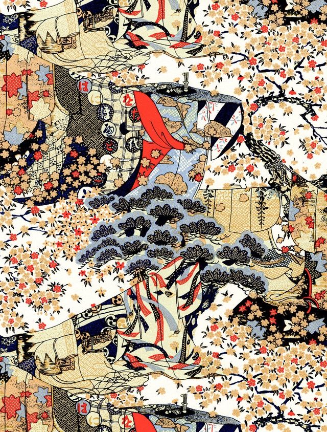 Papier Chiyogami 1112C 9"x12" - Motifs traditionnaux et botaniques avec arbres à fleurs rouges et brunes, symboles et bandes rouges, bleu et beige sur fond ivoire