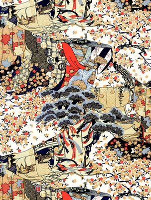 Chiyogami paper 1112C 9 Chiyogami paper 1112C 9"x12" - Traditional and botanical motifs with red and brown flowering trees, black foliage, and red, grey, and beige symbols and bands on a grey, white, and yellow background