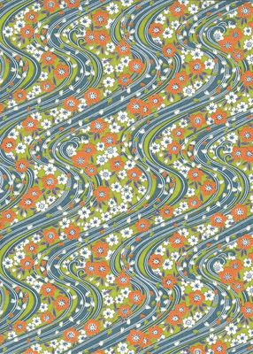 Chiyogami paper 995C 9 Chiyogami paper 995C 9"x12" - Floral patterns with orange and white flowers and purple, white and green foliage on a wavy blue and green background