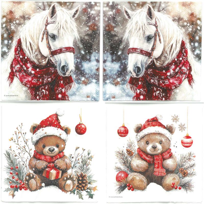 Serviettes de table - Ourson avec cadeau et Cheval (total de 10)