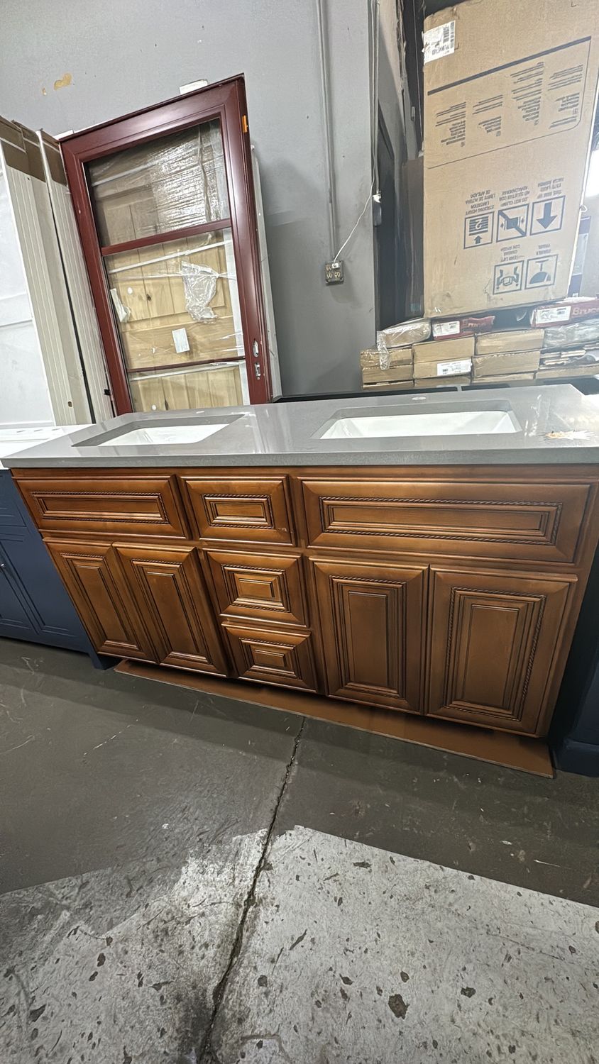 60 in. Brown bathroom vanity with gray double sink top