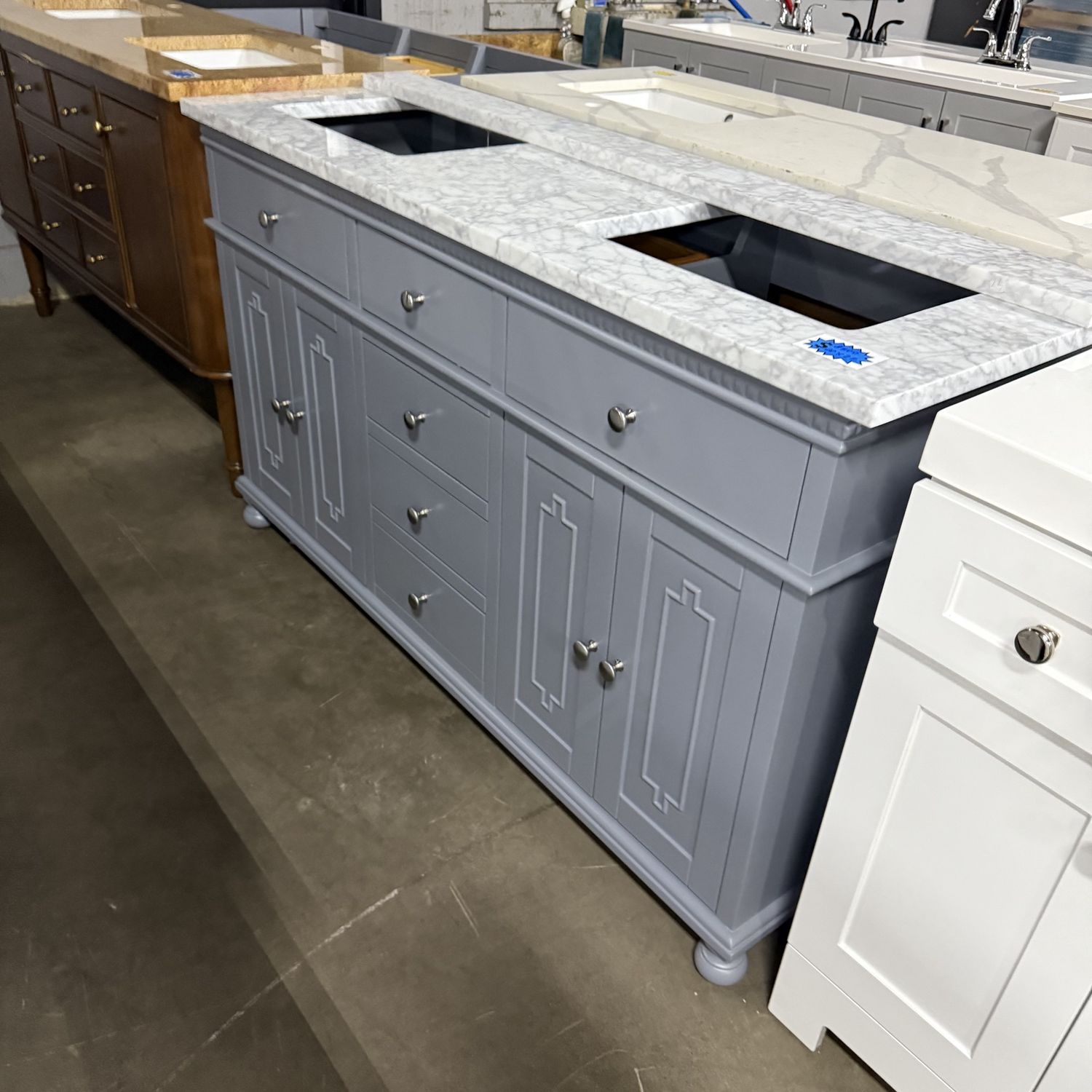 60 in x 22 blue vanity cabinet with marble top