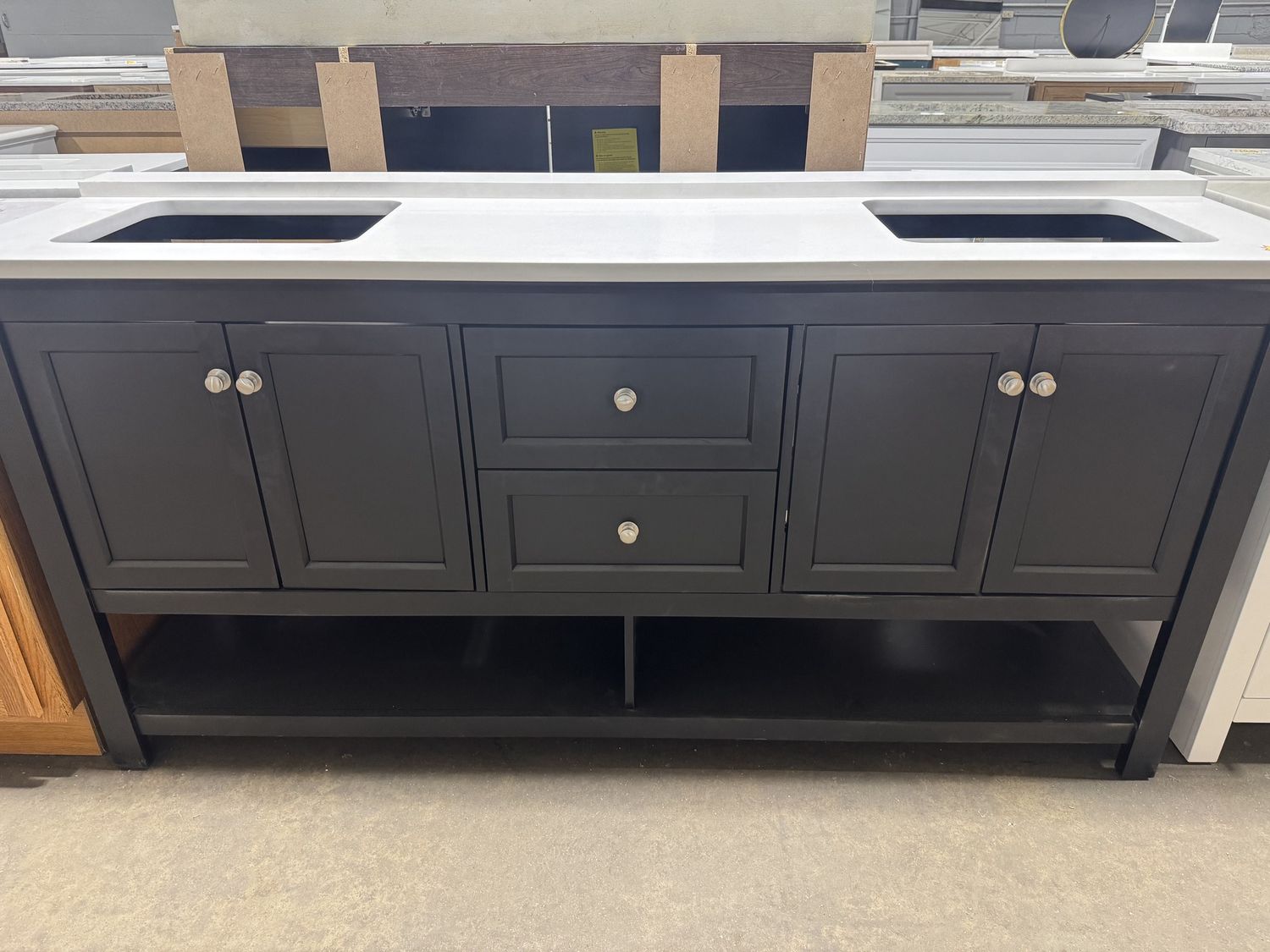 72 in. X 21 in. Black Bathroom Vanity With White Quartz Double Sink Top