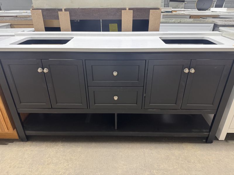 72 in. X 21 in. Black Bathroom Vanity With White Quartz Double Sink Top